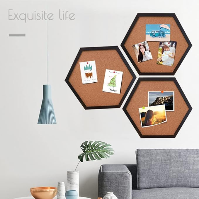 Cork Bulletin Board for Walls, 1/2" Thick Hexagon Pin Board for Walls with Frame, Black Small Corkboard with 10 Push Pins and 10 Wood Clips, Tack Board for Home Office and School 2Pack