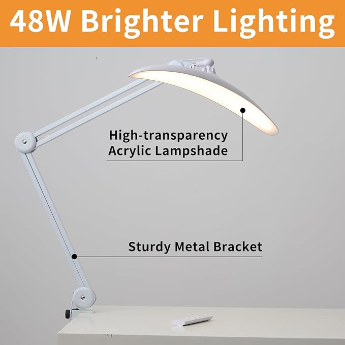 Upgraded 22" LED Desk Lamp with Clamp, 48W CCT Dimmable Home Office Lighting, Remote & Touch Control Swing Arm Task Light for Reading, Study, Drafting, Nail Art & Crafts, White