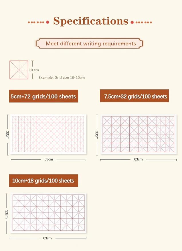 Chinese Calligraphy Paper with Grid, 100 Sheets, White Rice Paper for Brush Writing, Xuan Paper,Calligraphy Practice Paper for Beginners (White, Grid-5cm)