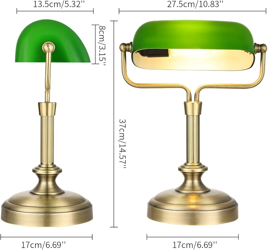 Vintage Banker Lamp, Green Glass, Touch Control, 3-Way Dimmable, LED 6W, Brass Finish (Antique Brass+Green+Touch)