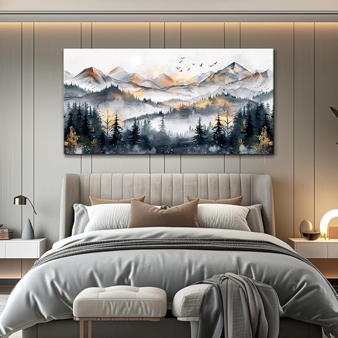 KELIYUAN Large Wall Decor For Bedroom Abstract Wall Art For Living Room Office Decoration Ink Mountain Landscapes Painting Misty Forest Wall Pictures Canvas Artwork Ready To Hang Home Decor 30"x60"