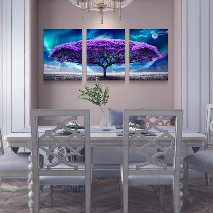 Lapremoly Canvas Wall Art For Living Room Boho Decor Bedroom Farmhouse Pictures Aurora Purple Tree Scenery Paintings Office Prints Dormitory Home Decorations 12'' X 16'' 3 Piece