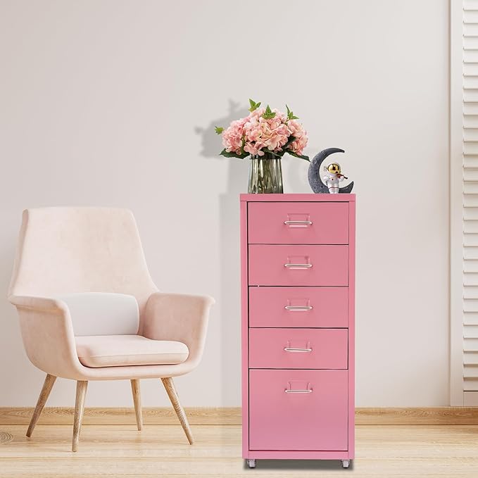 Metal File Storage Cabinet,Side Storage Organizer,Freestanding Storage Unit,Metal Garage Storage Drawer,Storage Cabinet with 5 Drawers and Wheels for Office,Home,School,Pink,11 * 16.1 * 27.1in
