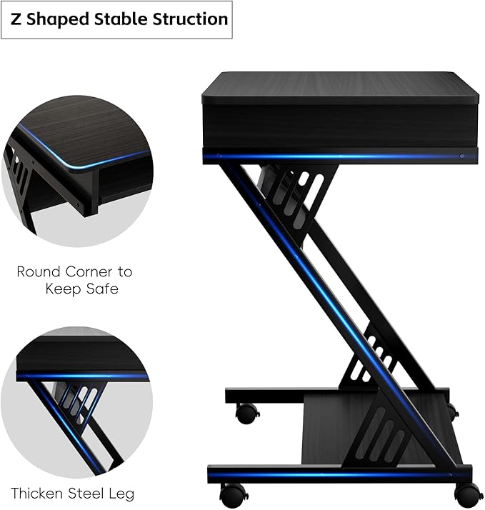 Zenira Small 24 Inch Tall Computer Desk with Drawers, Corner Gaming Desk for Bedroom, Home, Office, Black
