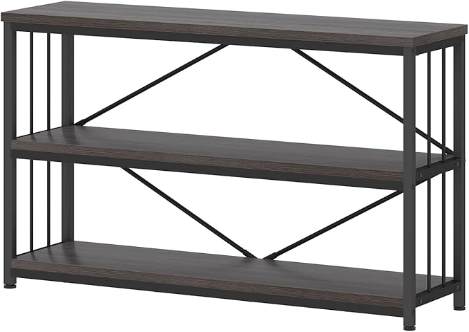 IBF Short Wide Horizontal Bookshelf, Industrial office Low 3 Tier Book shelf, Rustic Wide Vintage open Bookcase with Storage, Modern Grey Etagere for Home Office Living Room Bedroom, Gray Oak, 47 Inch