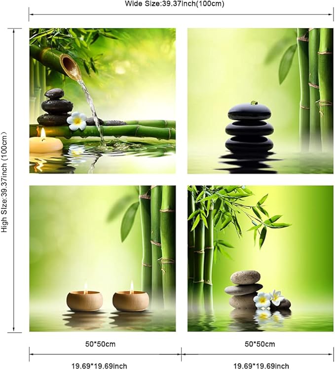 Pyradecor 4 Panel Perfect Bamboo Green Pictures Paintings on Canvas Prints Wall Art Large Modern Gallery Wrapped Zen Artwork for Living Room Bedroom Home Office Decorations 50x50cmx4pcs