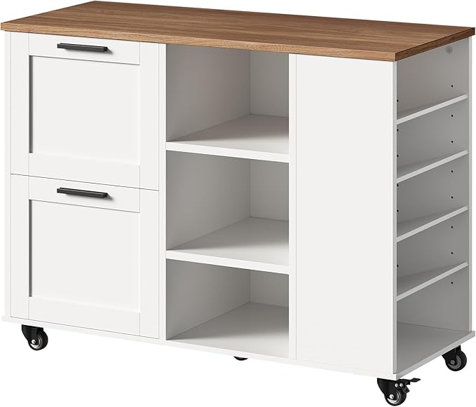 Lateral File Cabinet, Printer Stand with File Drawers and Open Shelves, 2-Drawer Mobile Lateral Filing Cabinet with Locking Casters, for Home Office Storage, Walnut and White