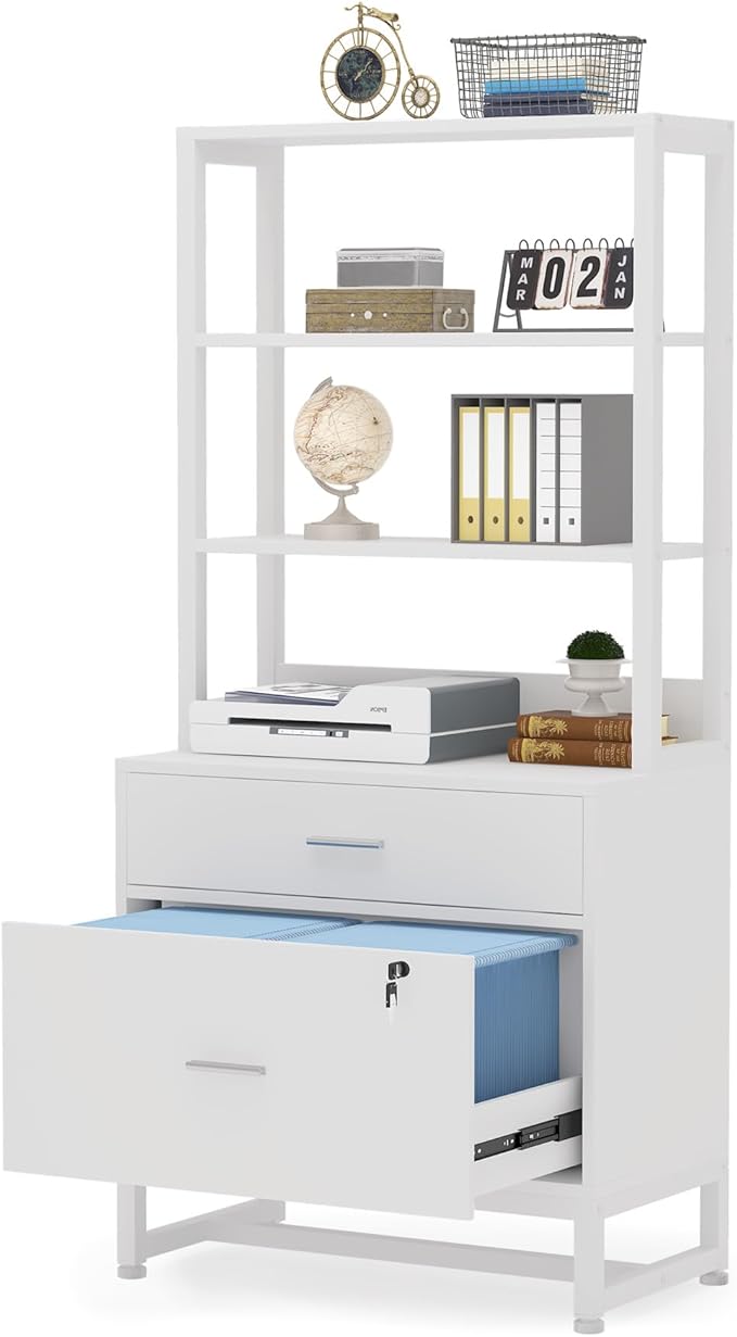 Tribesigns 2 Drawer Lateral File Cabinet with Lock, Letter Size Large Modern Filing Cabinet Printer Stand with Open Storage Shelves for Home Office, White