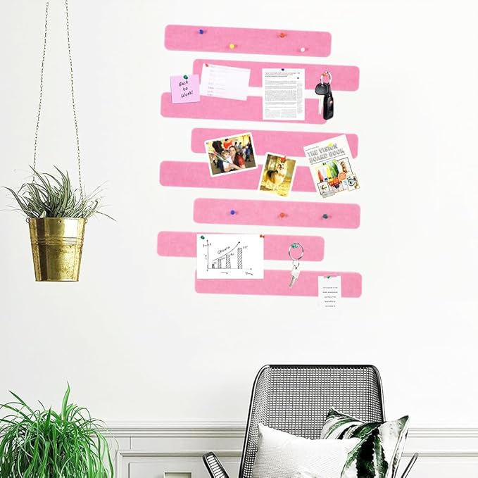 Vuzvuv 8 pcs Bulletin Board Bar Strips with 50 Pushpins & 10 Wooden Clip pins,Self Adhesive Cork Board for Wall,Felt Pin Board for School,Office Decor(Pink)