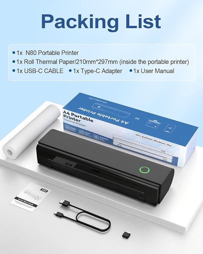 Portable Printers Wireless for Travel, Bluetooth Thermal Printer Supports 8.5" x 11" US Letter & A4 Size, Inkless Mobile Printer Work with Android iPhone Laptop for Home Office School, Black