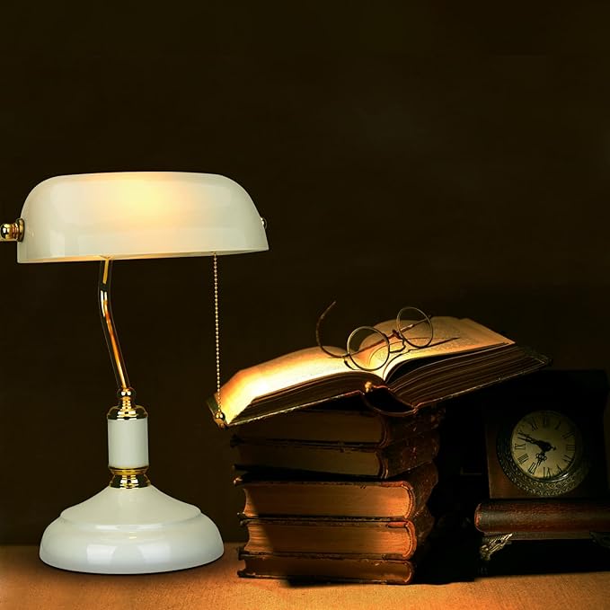 White Glass Bankers Desk Lamp, Vintage Reading Table Lamp, Classic Bedside Light with Brass Pull Chain Switch for Bedroom Home Office