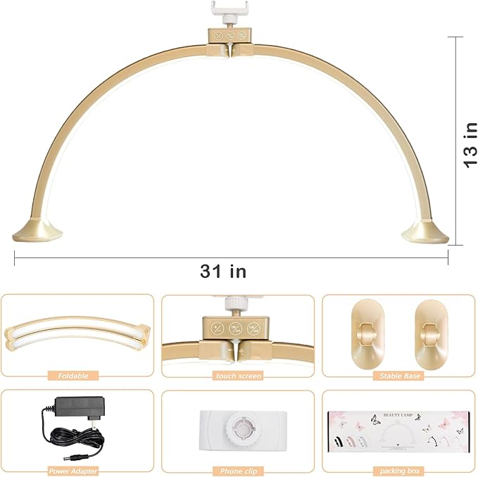 Nail Light for Desk,Half Moon Light LED for Tech Nail Desk Lamp with Phone Stand Foldable Adjustable Dimmable Half Moon Lamp for Lash Beauty Tattoos Crafts
