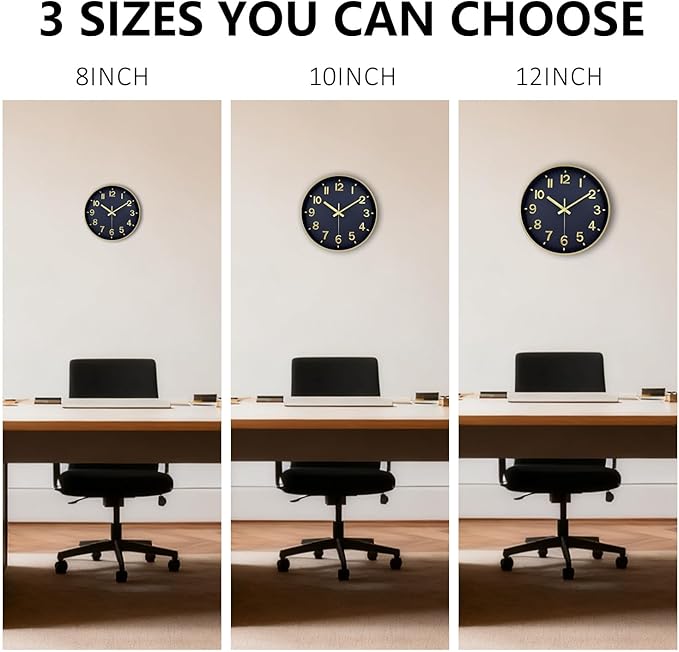 Wall Clock, 8 Inch Wall Clocks Battery Operated, Modern Non Ticking Silent Digital Analog Small Wall Clock for Bedroom Living Room Kitchen Office Gym Classroom Outdoor Clocks, Gold Blue