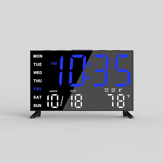 Mirror Digital Loud Alarm Clock with with Date,Indoor Temperature,USB Charging Port,Dimmer,Dual Alarms,Adjustable Volum,12/24H, Snooze, Perfect for Bedroom and Living Room (Black+Blue Digit)
