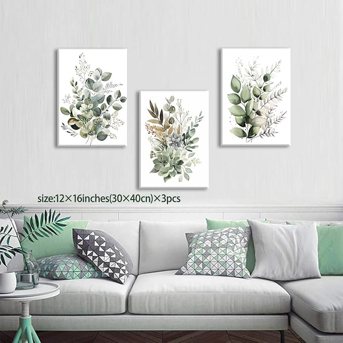 Bwodke Botanical Wall Art Plant Floral Watercolor Canvas Prints Set of 3 Framed Sage Green Painting Eucalyptus Leaf Picture Modern Minimalist Boho Decor Bedroom Bathroom Living Room 12"x16"