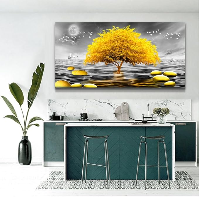 Wapluam Wall Decor - Large Canvas Wall Art for Living Room, Office, Modern Bedroom - Black and White View - Yellow Tree Pictures - 48x24in