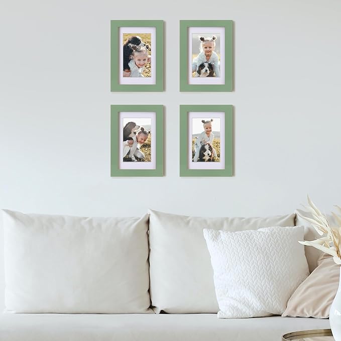 Egofine 4x6 Picture Frames 4PCS Covered by Plexiglass for Picture 3x4.5 and 3.5x5 with Mat or 4x6 whitout Mat Made of Solid Wood for Table Top Display and Wall Mounting Photo Frame, Green