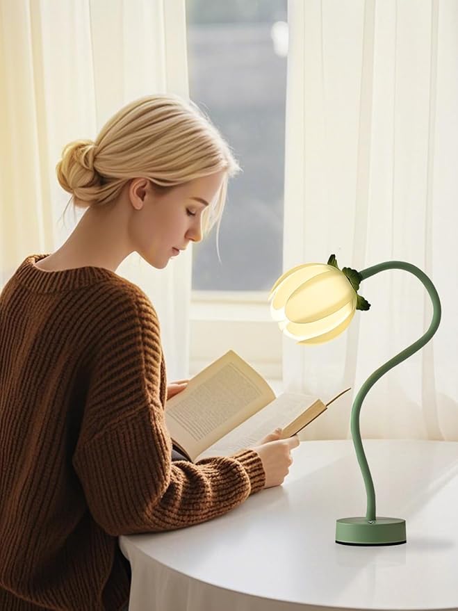 ONXE Tulip Desk Lamp - Rechargeable 3 Color Dimmable Flower Night Light, 360° Bendable Gooseneck, Cordless Metal Table Lamp for Bedroom Decor, Gifts for Women & Teens