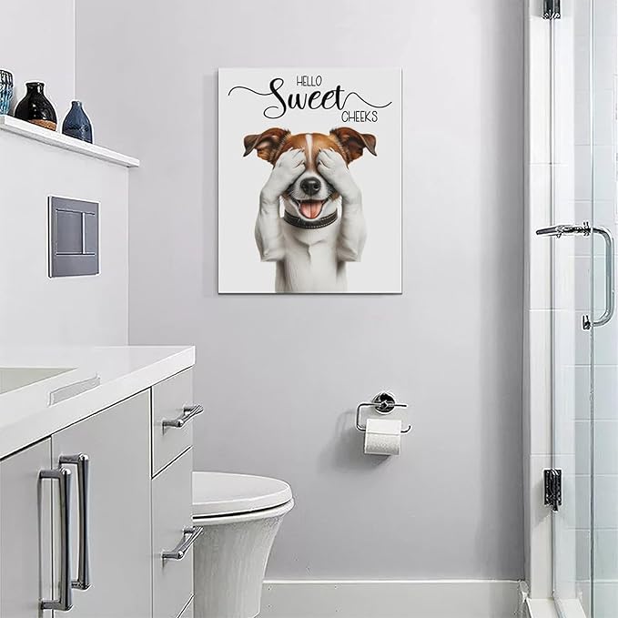 Bathroom Dog Wall Art Funny Dog Bathroom Pictures Wall Decor Hello Sweet Cheeks Toilet Bathroom Canvas Painting Home Modern Artwork Decorations Framed for Restroom 16 x 20 inch