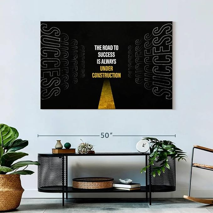 ElephantStock - Work On Your Road To Success Wall Art - Horizontal Canvas Wall Art - Home Office Wall Decor - Digital Art Inspirational And Typography Canvas Art - Black And White Decor - 48" x 32"