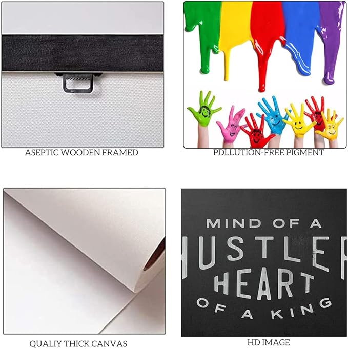 Mind Of A Hustler Heart Of A King - Inspirational Contemporary Entrepreneur Quotes Canvas Wall Art Black and White Motivational Framed Artwork HD Print Easy to Hang-36 Wx24 H