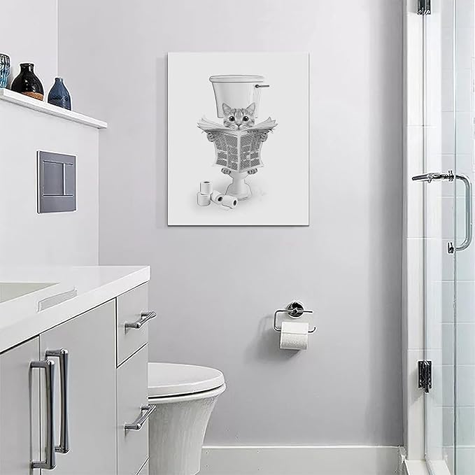 Cat Bathroom Wall Art Black and White Cat Pictures Wall Decor Funny Animal Canvas Painting Print Modern Home Decoration Artwork Framed 16"x20"