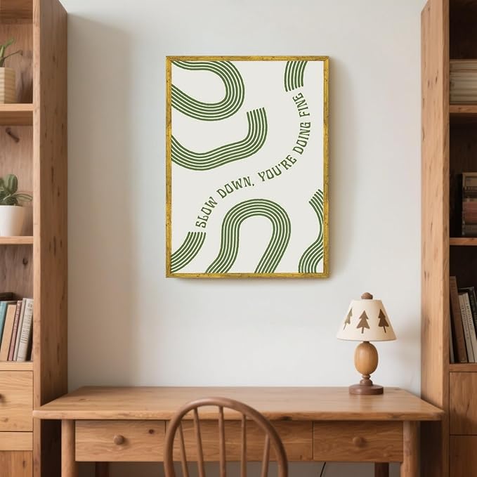 Slow Down You’re Doing Fine Wall Art Retro Minimalist Motivational Quote Music Poster Inspirational Midcentury Song Lyrics Sage Green Canvas Prints for Bedroom Home Decor 12x16inch Golden Framed