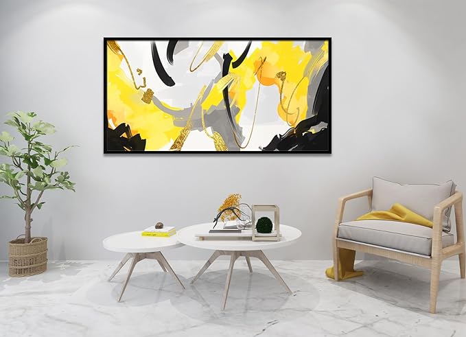 Yellow and Black Canvas Wall Art for Living Room, Colorful Fluid Lines Wall Decor Canvas Paintings, Black Framed Artwork Modern Paintings Pictures Wall Decor 24" x 48"(Framed)
