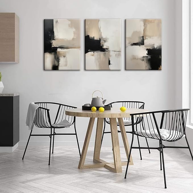 3Pcs Framed Beige Abstract Wall Art Large Modern Minimalist Posters Prints Black Brown Neutral Artist Pictures Painting for Living Room Bedroom Bathroom Office Decorations