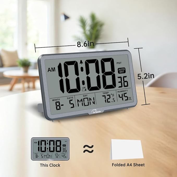 WallarGe Auto Set Digital Wall Clock Battery Operated, Desk Clocks with Temperature, Humidity and Date, Large Display Digital Calendar Alarm Clock for Elderly, Bedroom, Office, 8 Time Zone, Auto DST.