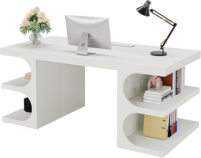 Tribesigns Modern Executive Office Desk, 63-Inch Large Computer Home Office Desk with Storage Shelves, Wood Study Writing Table, Workstation Business Furniture, White