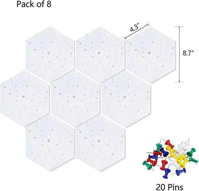 Felt Hexagon Bulletin Board with 20 Push Pins, Pack of 8 Notice Boards for Home Office Kitchen, Push Pin Board Felt Wall Tiles for Photos Memos