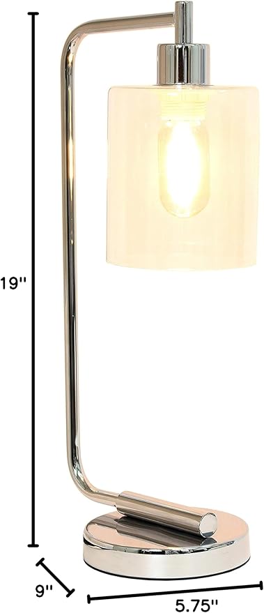 Simple Designs LD1036-CHR Bronson Antique Style Industrial Iron Lantern Desk Bedside Glass Shade Table Lamp, Chrome