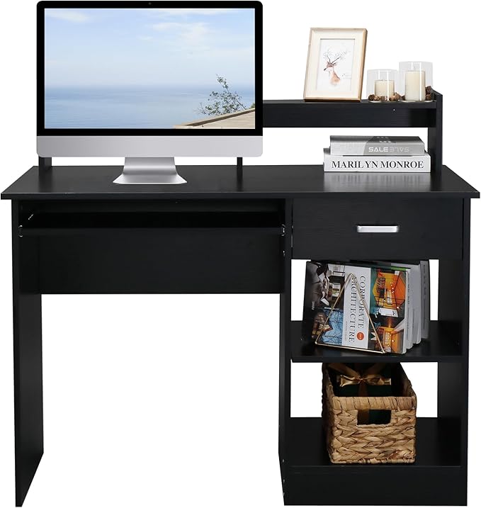 Karl home Computer Desk Study Writing Desk, PC Laptop Table Wooden Home Office Workstation with Drawer Shelf Keyboard Tray, Black