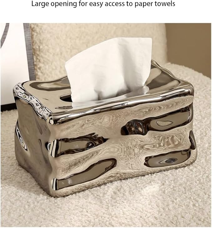 Stylish Tissue Box Ceramics Square Tissue Box Reusable Tissue Box and Tissue Holder Napkin Dispenser for Home Office Restaurant Desks Gifts Modern Tissue Box (Color : Silver) (White)
