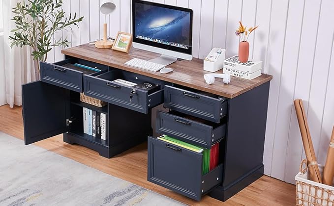 60" Farmhouse Executive Desk with Lock,Home Office Desk with Charging Station,Executive Desk with 4 Drawers & 1 Cabinet&1 File Cabinet for Office and Home