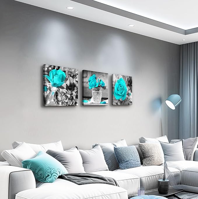 Canvas Wall Art For Bedroom Wall Decor For Living Room Black And White Wall Paintings Blue Rose Flowers Pictures Watercolor Giclee Canvas Prints Ready To Hang Room For Girls Home Decoration 3 Piece