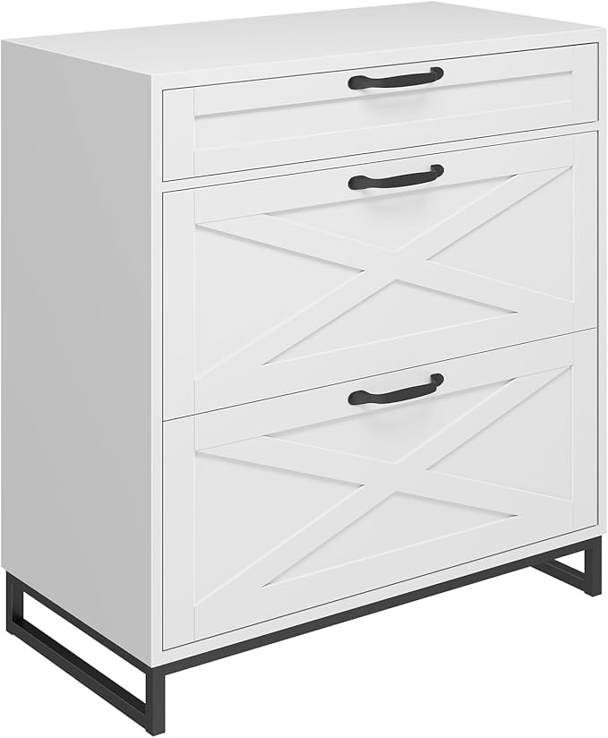 Vabches Lateral File Cabinet with 3 Drawers, Modern Farmhouse File Cabinet for Legal/Letter/A4 Size Hanging Files, Large Wood Printer Stand Home Office, White