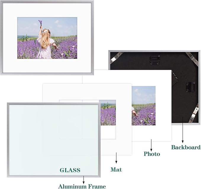 Golden State Art, Gallery Wall Frame Set of 6 - Silver 8x10 Aluminum Photo Frames with Mat for 5x7 Pictures - 8 x 10 inch Metal Frame with Real Glass Cover - Elegant Home or Office Decor