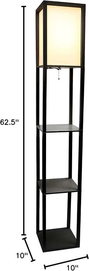 Simple Designs LF1014-BLK 62.5" Modern Etagere Organizer Storage 3 Shelf Floor Lamp with White Linen Fabric Shade for Home Décor, Office, Study, Bedroom, Living Room, Dining Room, Black