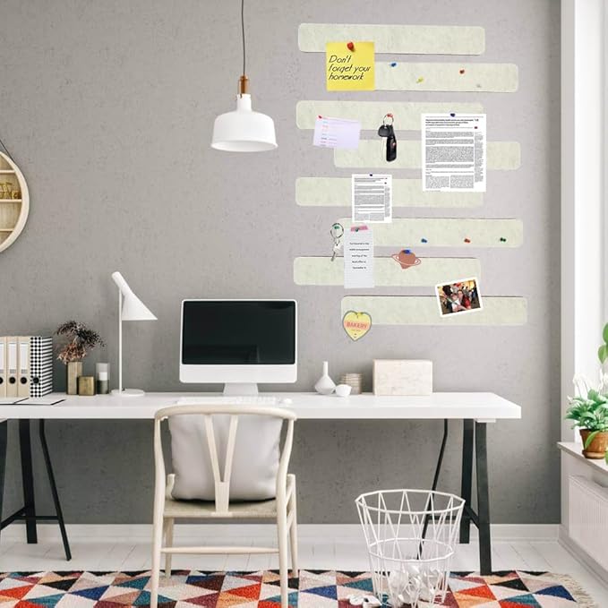 Vuzvuv 8 pcs Bulletin Board Bar Strips with 50 Pushpins & 10 Wooden Clip pins,Self Adhesive Cork Board for Wall,Felt Pin Board for School,Office Decor(Cream White)