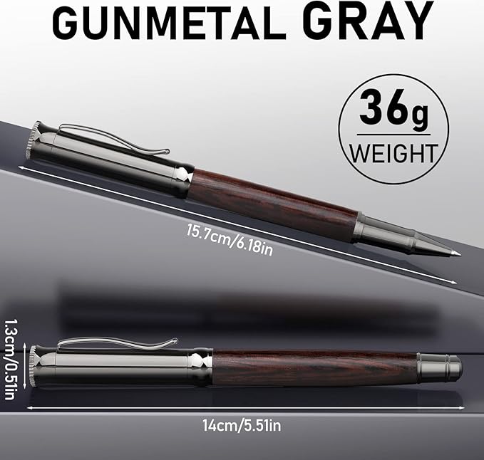 WEMATE Wood Rollerball Pen Set, Extra 2 Ink Refills(1 Black & 1 Blue), Fancy Writing Pen Nice Luxury Office Gift for Men, Professional, Executive, Cool Wooden Pen for Journaling - Blackwood