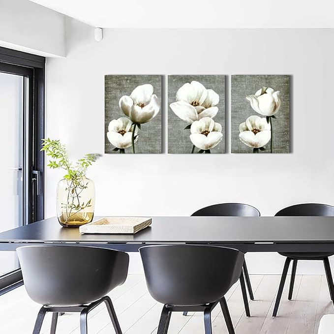 Lapremoly Canvas Wall Art For Bedroom Room Modern Wall Decor For Living Room Gray Green Vintage Style Wall Painting Artwork White Flowers Abstract Pictures 3 Panels Ready To Hang Kitchen Home Decor