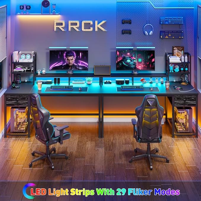 44 Inch Gaming Desk with Hutch and Drawers,Reversible Computer Desk with Monitor Shelf,Home Office Desks with USB Power Outlets and Storage,Pc Small Gaming Desk for Office with LED Lights,Black