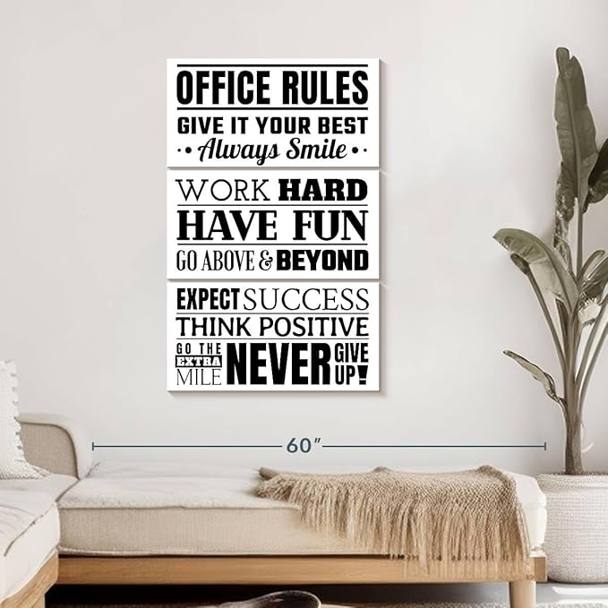 Elephant Stock - Fun Office Rules Wall Art - Vertical Multi Panel Canvas - 3 Piece Living Room Wall Decor - Digital Art Inspirational And Typography Multi Piece Wall Art - White And Black Decor - 28" x 45"