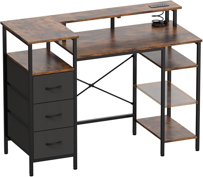 VINGLI 47 Inch L-Shaped Computer Desk, Small Computer Gaming Desk with Fabric Drawers & Storage Shelves, Charging Station, Monitor Stand for Home, Office, Brown
