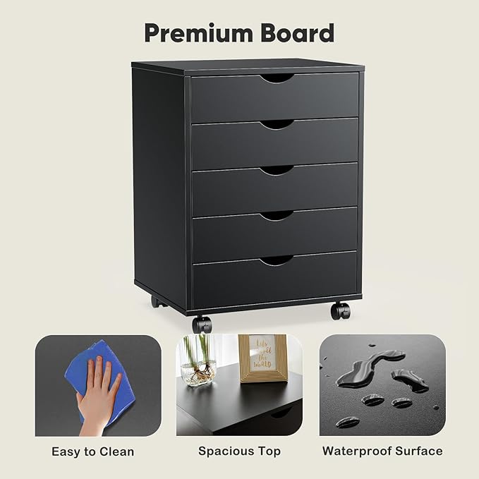 NEWBULIG 5 Drawers Mobile File Cabinet Under Desk Storage with Wheels Office Filing Cabinets Small Wooden Rolling Chest of Dawers for Home Office Black