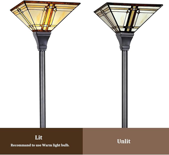 Capulina Tiffany Lamp Stained Glass Torchiere Floor Lamp 69 Inches Tall Industrial Pole Cream Color Mission Tiffany Style Standing Floor Lamp for Home Office Living Room Bedroom