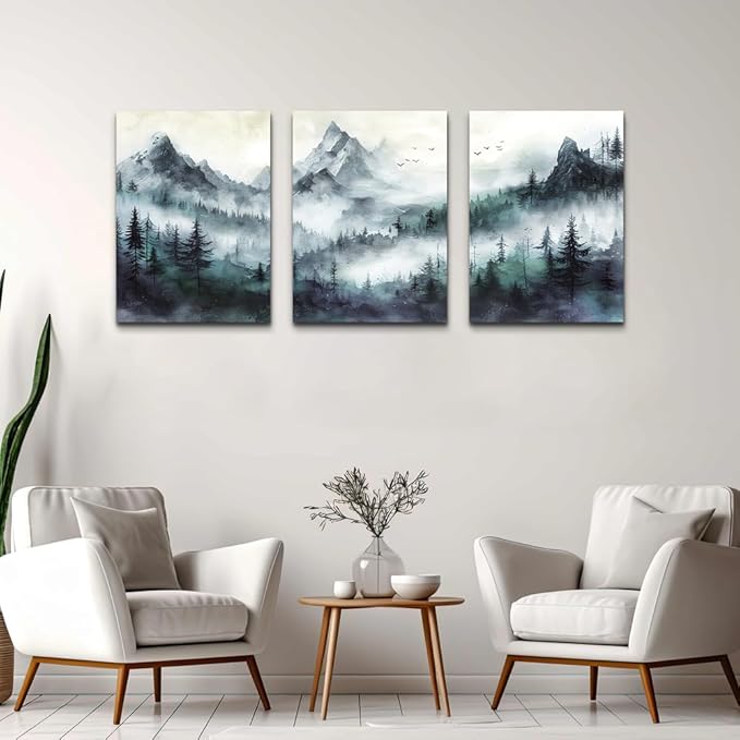 TTHYUEWS Canvas Wall Decor For Bedroom & Living Room - Modern Office Decoration - Misty & Fog Mountain Forest Wall Painting Landscape - 3 Piece, 16"X24"