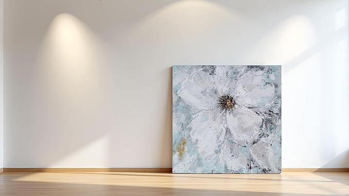 Yihui Arts White Flower Painting - Hand Painted Grey Floral Canvas Wall Art for Home Decor